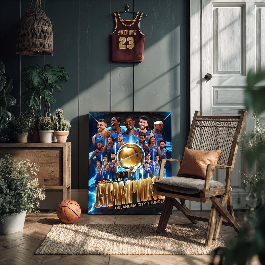 2025 NBA Finals Canvas Wall Art Decor Framed Painting - Oklahoma City Thunder Championship Team Poster Print, Golden Trophy Basketball Oil Painting, Sports Celebration Canvas Decor