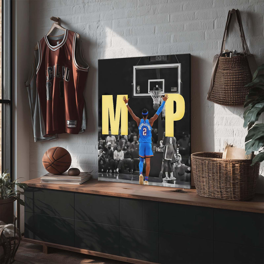 2025 NBA Finals MVP Canvas Wall Art Shai Gilgeous-Alexander Raising Hands Victory Poster Oklahoma City Thunder Back Pose Print Basketball Champion Wall Decor for Bedroom