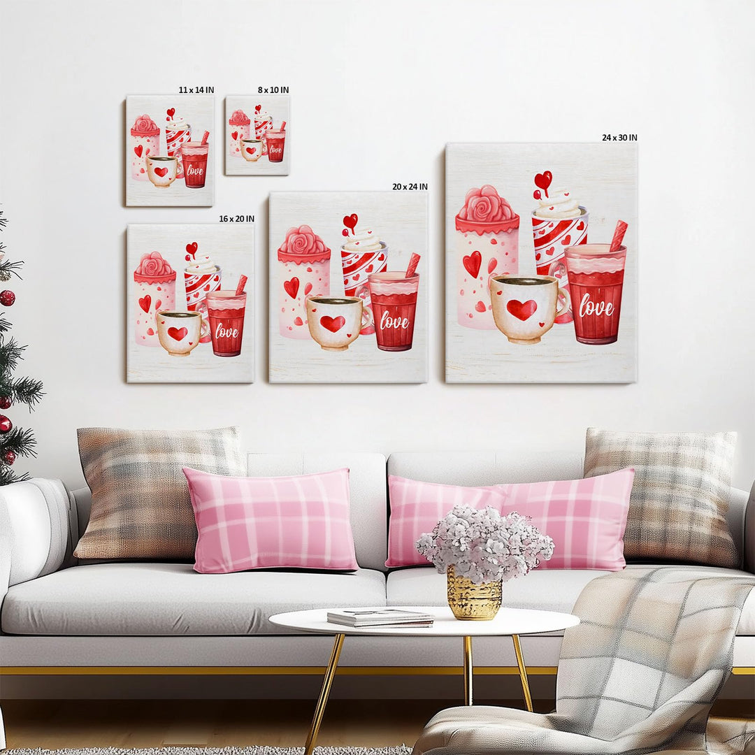 Valentine's Day Canvas Wall Art, Romantic Heart Mug and Sweet Drinks Print Poster Framed, Cozy Farmhouse Kitchen Decor, Love-Themed Wall Oil Painting Artwork for Holiday Decor