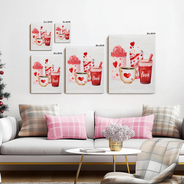 Valentine's Day Canvas Wall Art, Romantic Heart Mug and Sweet Drinks Print Poster Framed, Cozy Farmhouse Kitchen Decor, Love-Themed Wall Oil Painting Artwork for Holiday Decor