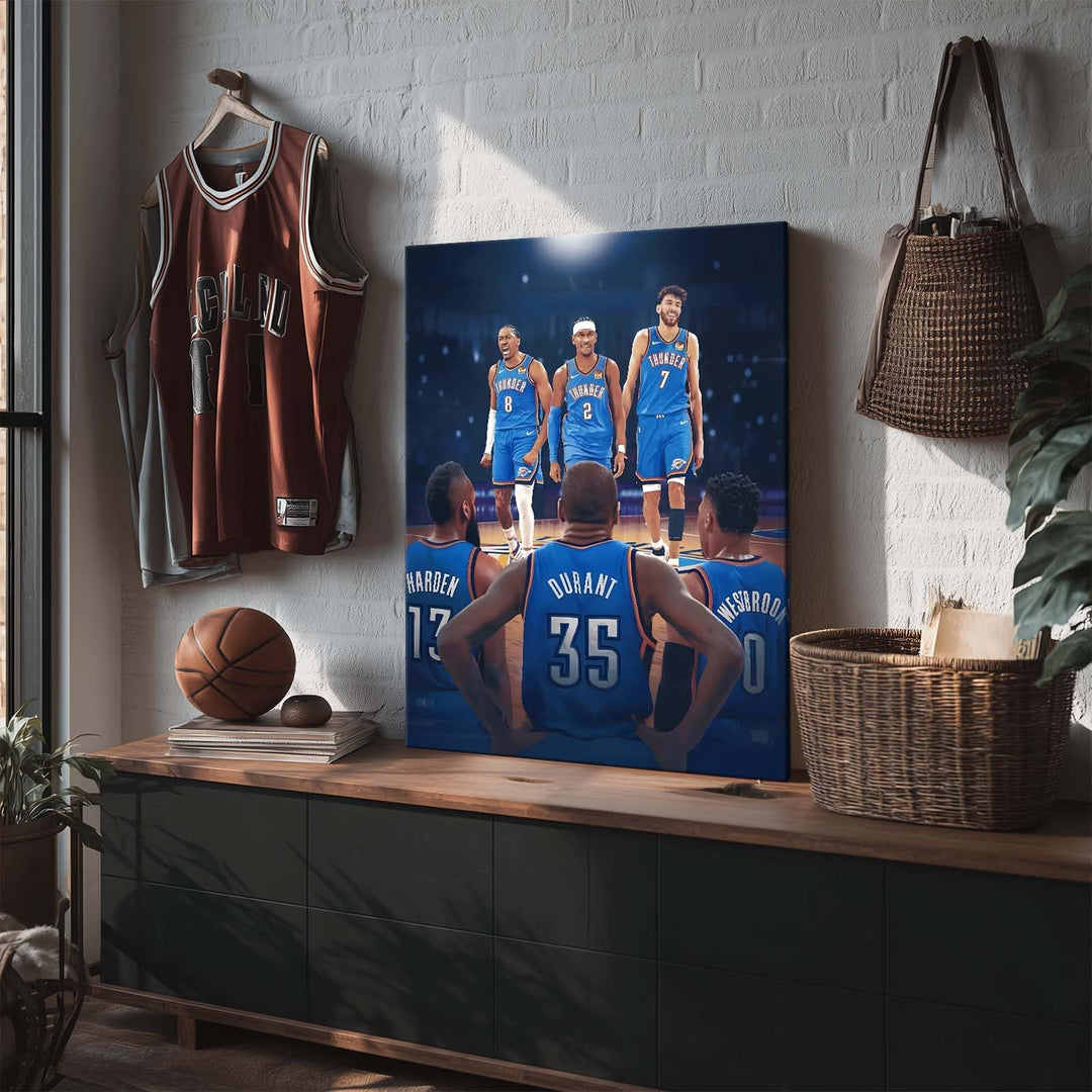 2025 NBA Western Conference Finals Canvas Wall Art, OKC Thunder Rising Stars vs Big Three Picture Print, Past Meets Present Basketball Poster Framed Painting for Bedroom