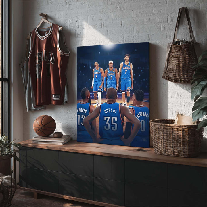 2025 NBA Western Conference Finals Canvas Wall Art, OKC Thunder Rising Stars vs Big Three Picture Print, Past Meets Present Basketball Poster Framed Painting for Bedroom