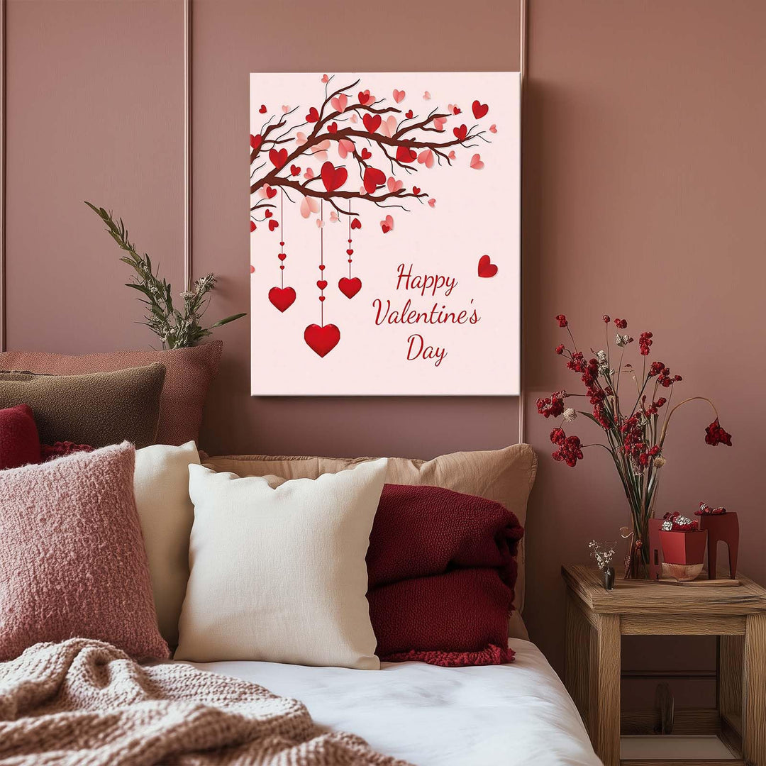 Valentine's Day Canvas Wall Art Romantic Heart Pictures Print, Happy Valentine's Day Heart Tree Design with Red Hearts, Romantic Wall Oil Painting for Living Room, Bedroom