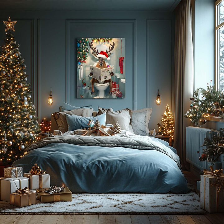 Christmas Bathroom Wall Art - Funny Reindeer Reading Newspaper Canvas Print Poster Framed Art, Festive Holiday Christmas Wall Decor Artwork for Bathroom or Living Room