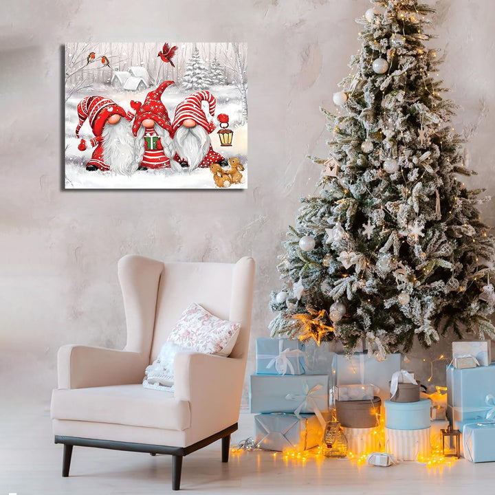 Winter Gnome Fantasy Canvas Wall Art Christmas Snow Scene Decor with Three Gnomes, Two Squirrels, and Three Birds for Living Room