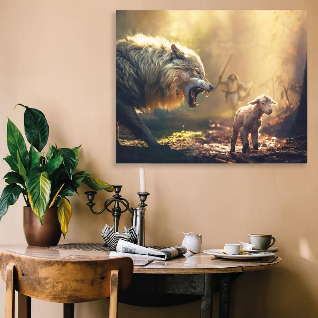 Christian Wall Art Jesus Running Towards Wolf and Lamb Pictures Jesus Art Wall Decor for Living Room Bedroom Church Decorations
