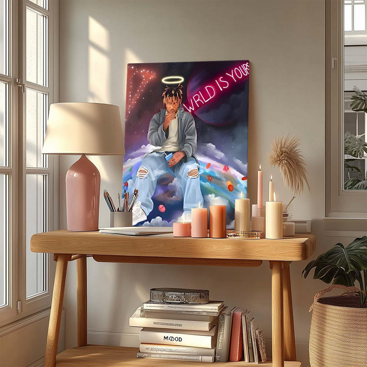 Juice WRLD Canvas Wall Art Pop Rapper Sitting on World Poster Cosmic Picture Artwork, Music and Galaxy Aesthetic Wall Decor for Living Room Bedroom Game Room Bar Studio