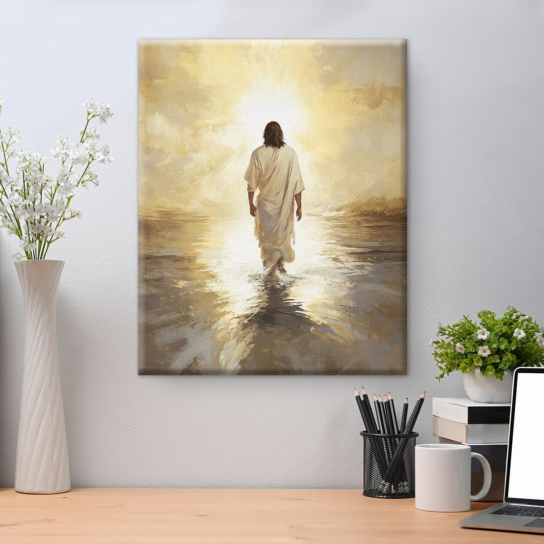 Jesus Walking on Water Wall Decor, Inspirational Religious Artwork for Living Room Bedroom Office, Framed Ready to Hang Faith Painting, Unique Gift