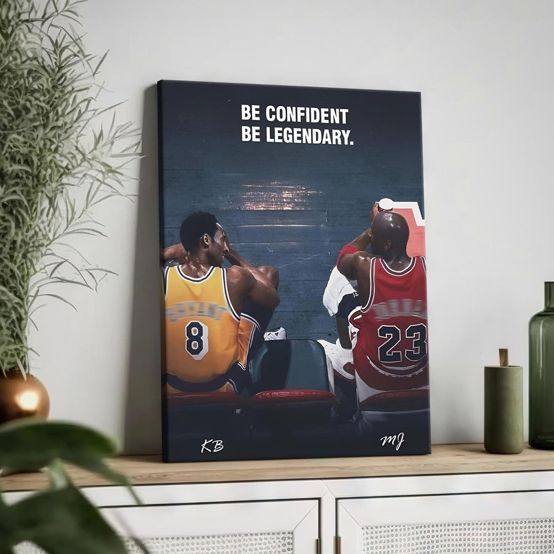 Kobe Bryant and Michael Jordan Canvas Wall Art – “Be Confident Be Legendary” Basketball Legends Duo Poster Print, Inspiring Sports Artwork for Home Office or Game Room Decoration