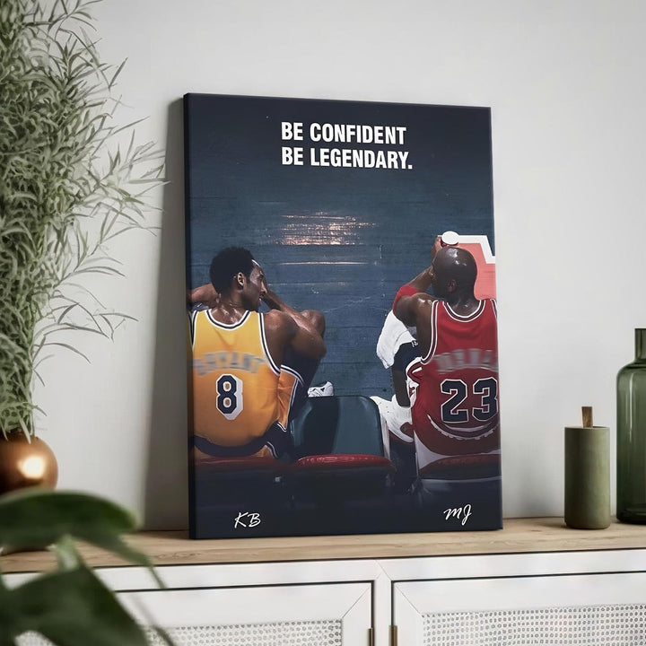 Kobe Bryant and Michael Jordan Canvas Wall Art – “Be Confident Be Legendary” Basketball Legends Duo Poster Print, Inspiring Sports Artwork for Home Office or Game Room Decoration