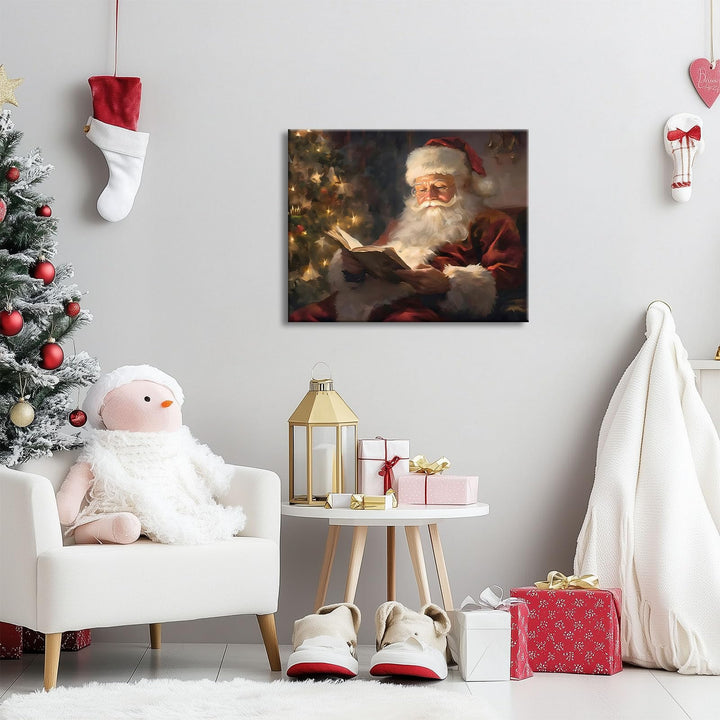 Christmas Wall Art Santa Wall Decor Canvas Classic Santa Reading by Christmas Tree Pictures Print Framed Xmas Canvas Wall Artwork for Living Room Bedroom