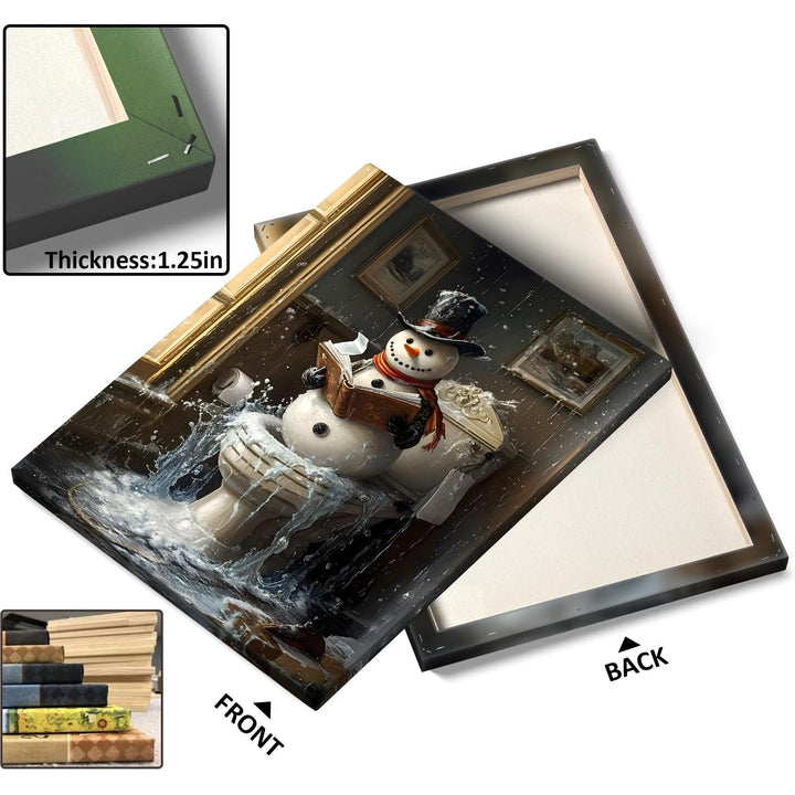 Sunwes Christmas Bathroom Wall Art Snowman Decor Snowman Reading on Toilet Icy Winter Humor Canvas Pictures Print Funny Christmas Wall Decor Artwork for Bathroom