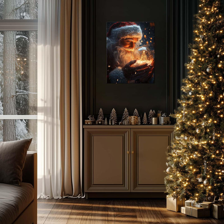 Christmas Canvas Framed Wall Art for Living Room Decor Classical Oil Painting Santa Claus & Crystal Ball Canva Poster Prints Wall Decoration Home Office Bedroom Bathroom Decor