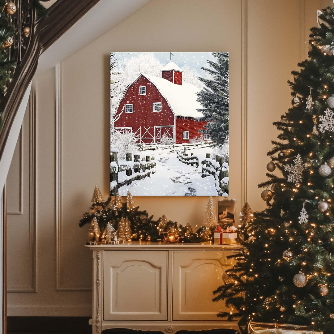 ART Christmas Canvas Wall Decor Festive Print, Red Barn Snow Scene Wall, Winter Farm Holiday Pictures Print Poster Framed Artwork for Living Room and Bedroom Décor