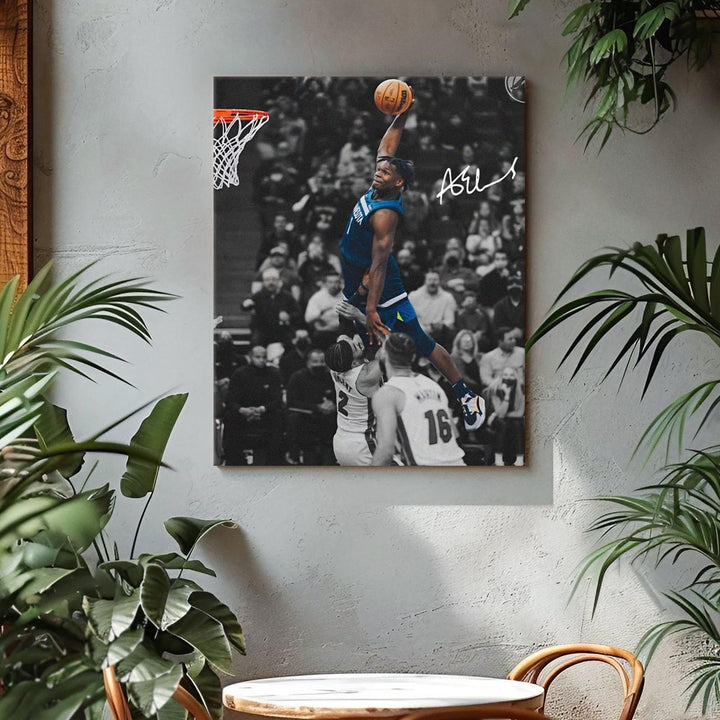NBA Canvas Wall Art Decor - Anthony Edwards Iconic Dunk, Timberwolves Slam Dunk Action, High-Flying Basketball Moment, Sports Poster for Home