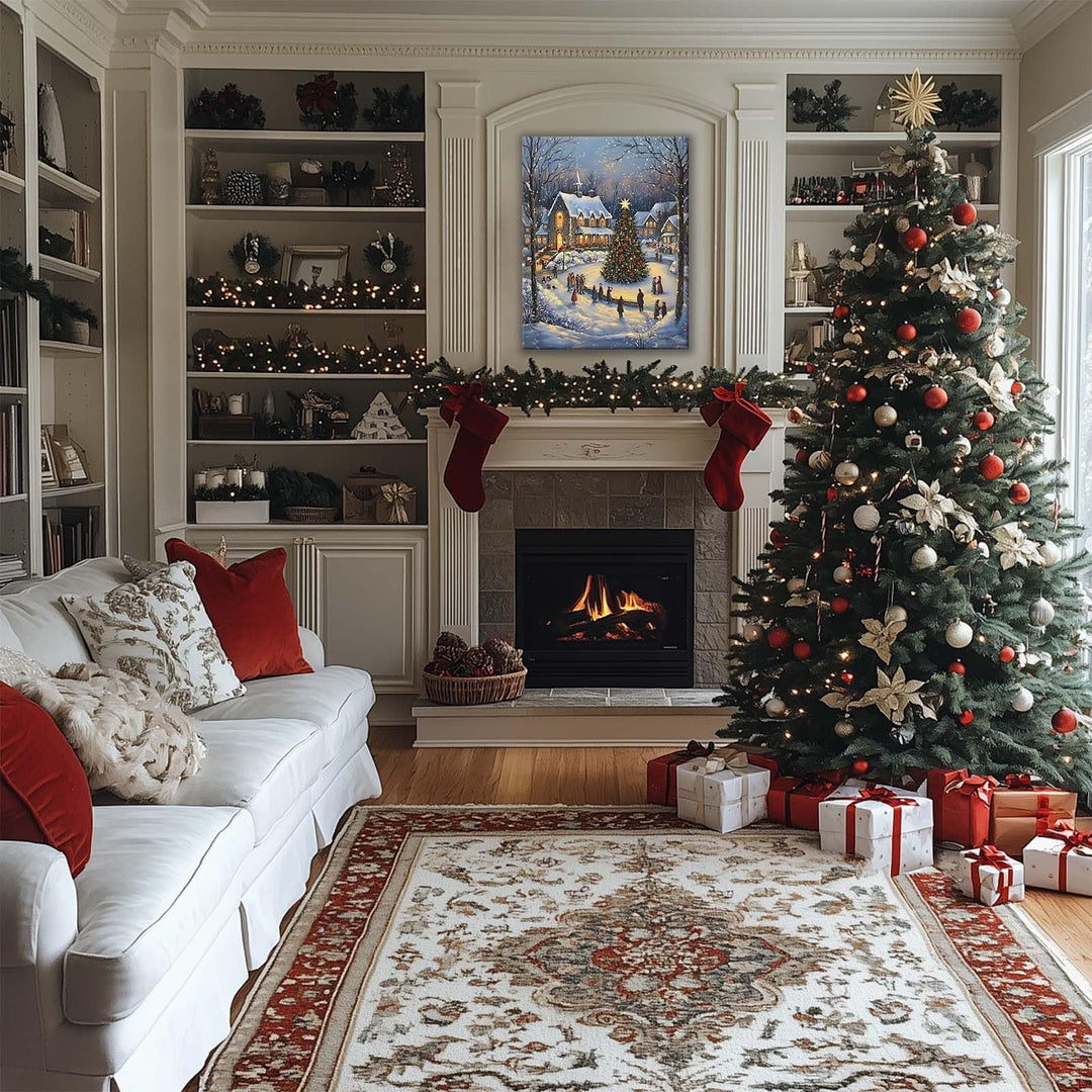 ART Christmas Canvas Wall Snowy Church and Tree Pictures Print Holiday Village Scene Festive Winter Wonderland with Lit Church and Christmas Tree Family Decor for Living Room Bedroom