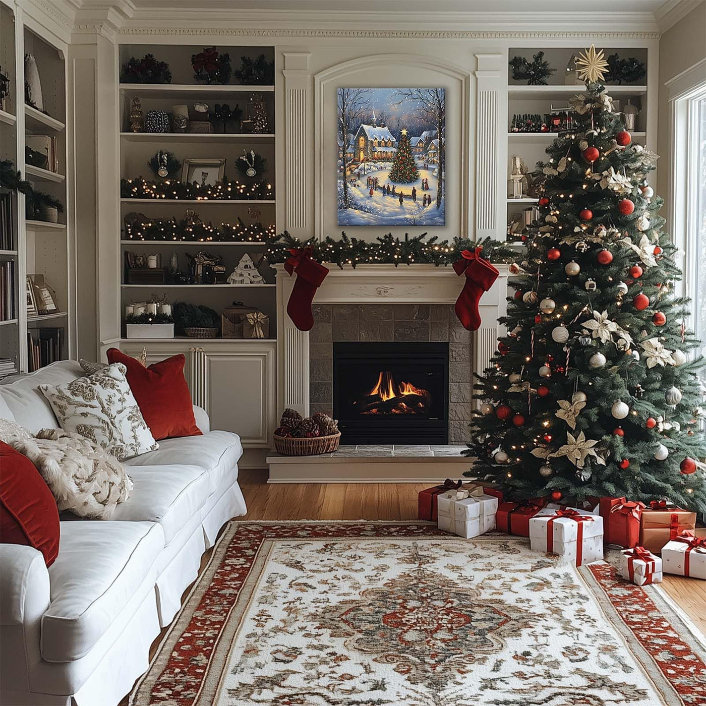 ART Christmas Canvas Wall Snowy Church and Tree Pictures Print Holiday Village Scene Festive Winter Wonderland with Lit Church and Christmas Tree Family Decor for Living Room Bedroom