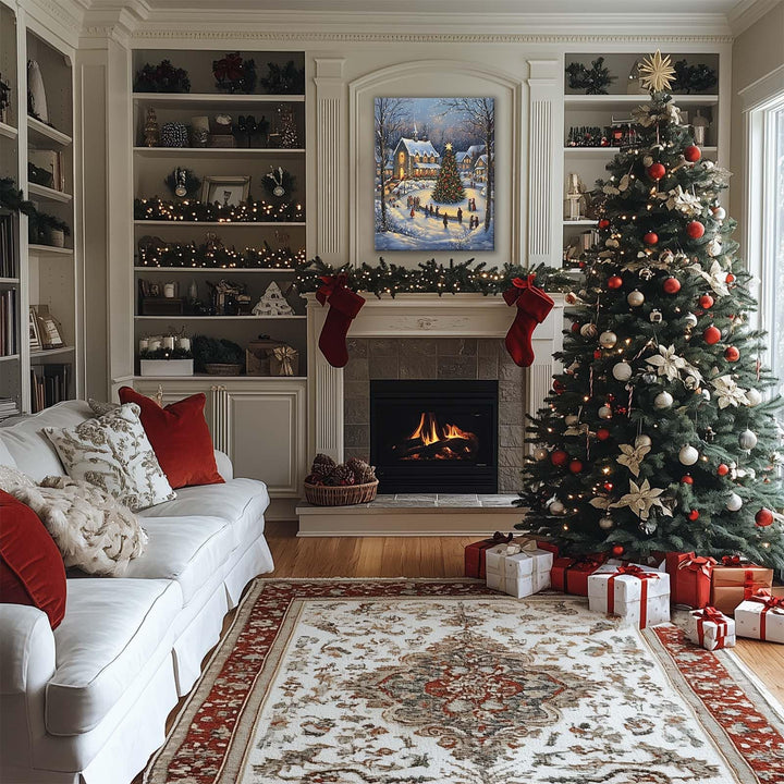 ART Christmas Canvas Wall Snowy Church and Tree Pictures Print Holiday Village Scene Festive Winter Wonderland with Lit Church and Christmas Tree Family Decor for Living Room Bedroom