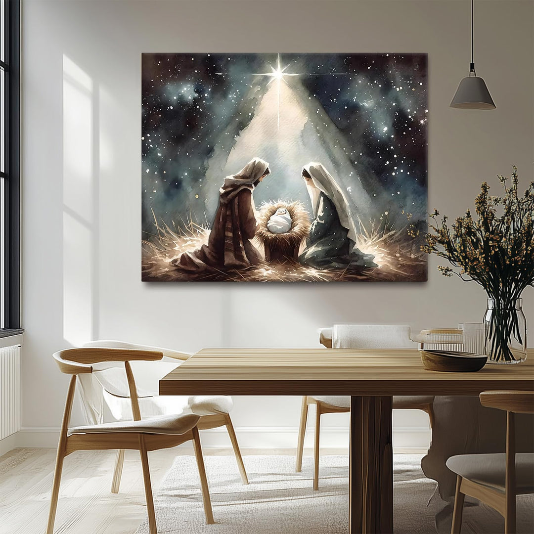 Beautiful Christmas Canvas Wall Art, Holy Family and Star Canvas Print Poster, Spiritual Nativity Christmas Oil Painting, Timeless Religious Artwork, Radiant Pictures Decoration
