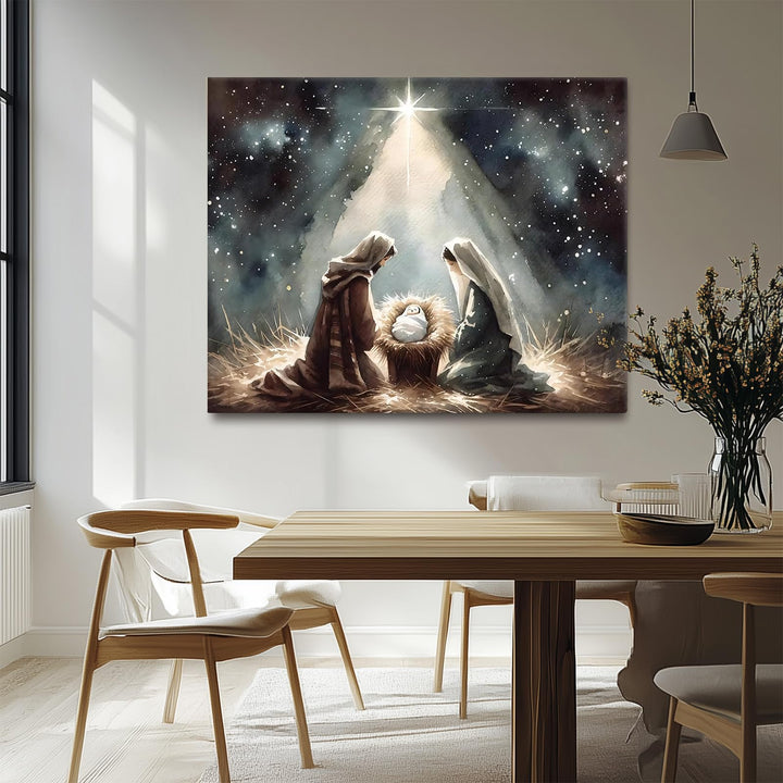 Beautiful Christmas Canvas Wall Art, Holy Family and Star Canvas Print Poster, Spiritual Nativity Christmas Oil Painting, Timeless Religious Artwork, Radiant Pictures Decoration