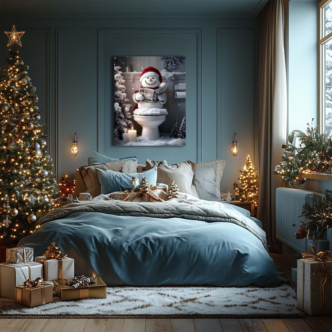 Sunwes Funny Snowman Bathroom Wall Art - Festive Holiday Humor Snowman Canvas Pictures Print for Bathroom Living Room Christmas Decor, Quirky Aesthetics Seasonal Wall Art