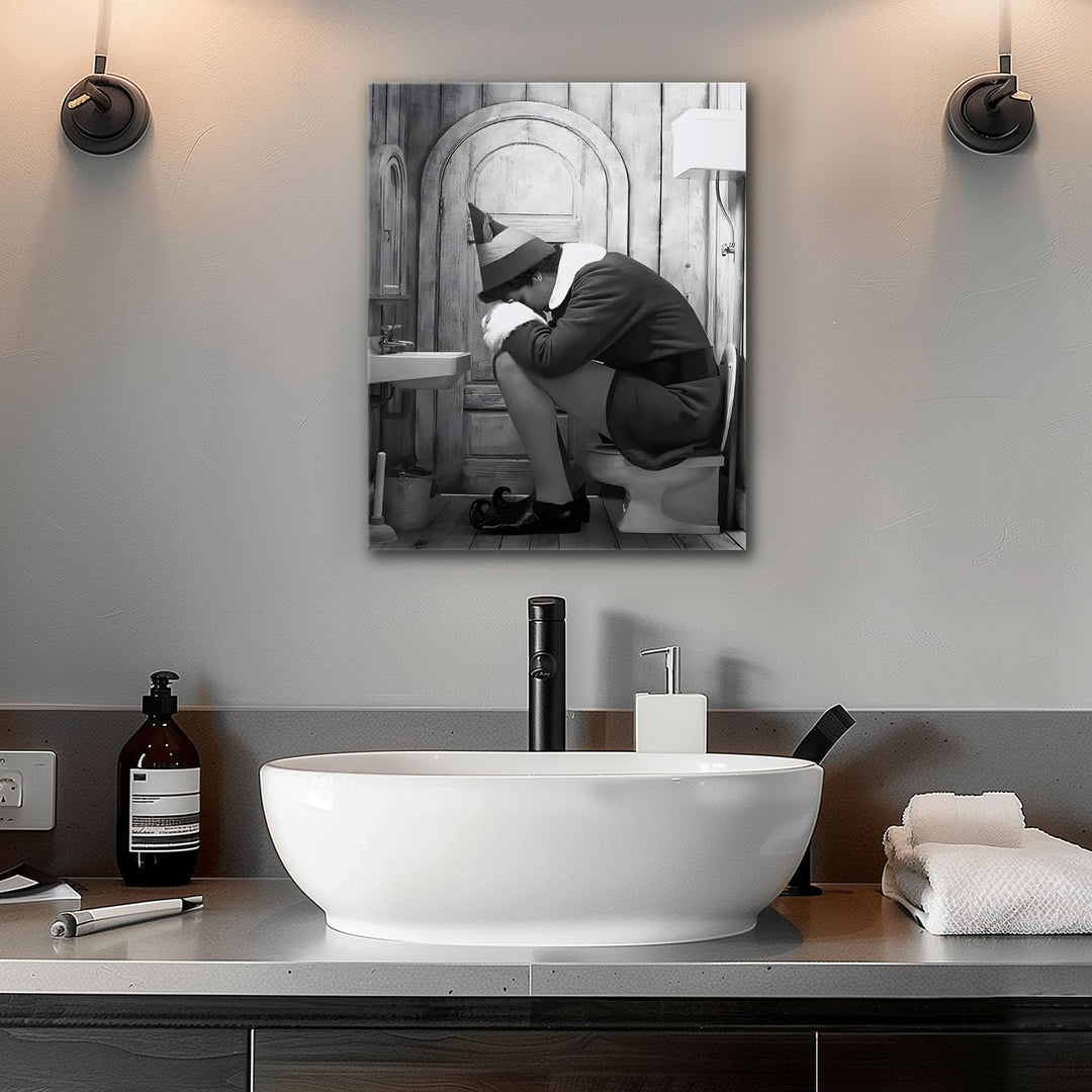 Funny Framed Canvas Wall Art Bathroom Decor Black and White Comedy Elf Movies Poster Bathroom Oil Painting Modern Toilet Artwork for Living Room Dorm Wall Home Decoration