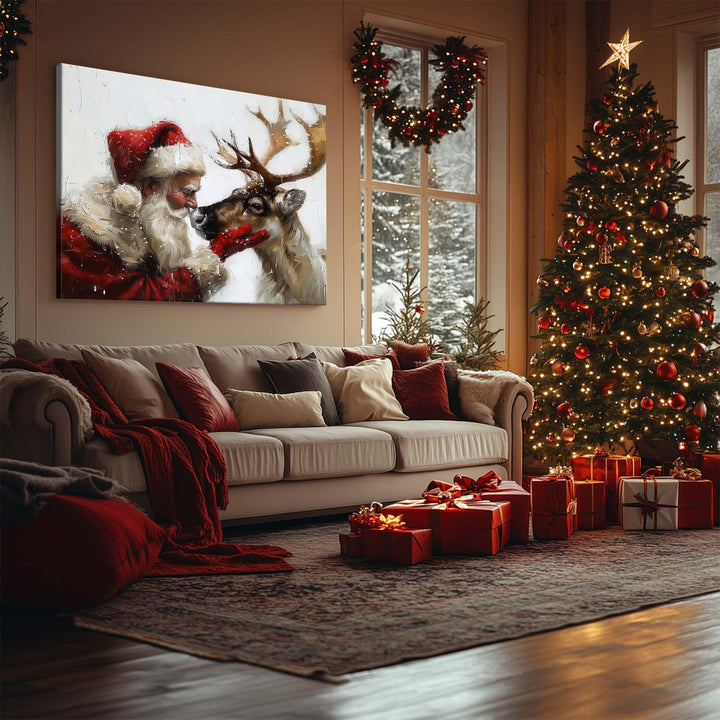 Santa Claus and Reindeer Christmas Canvas Wall Art Decor - Heartwarming Holiday Decor with Santa and His Reindeer, Ideal Addition to Living Room