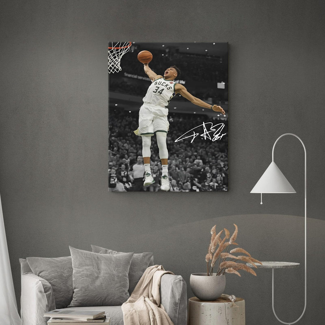 Giannis Antetokounmpo Dunk Print Poster for Bedroom Living Room Wall Decor, NBA Star Oil Painting Inspirational Sports Pictures Decoration