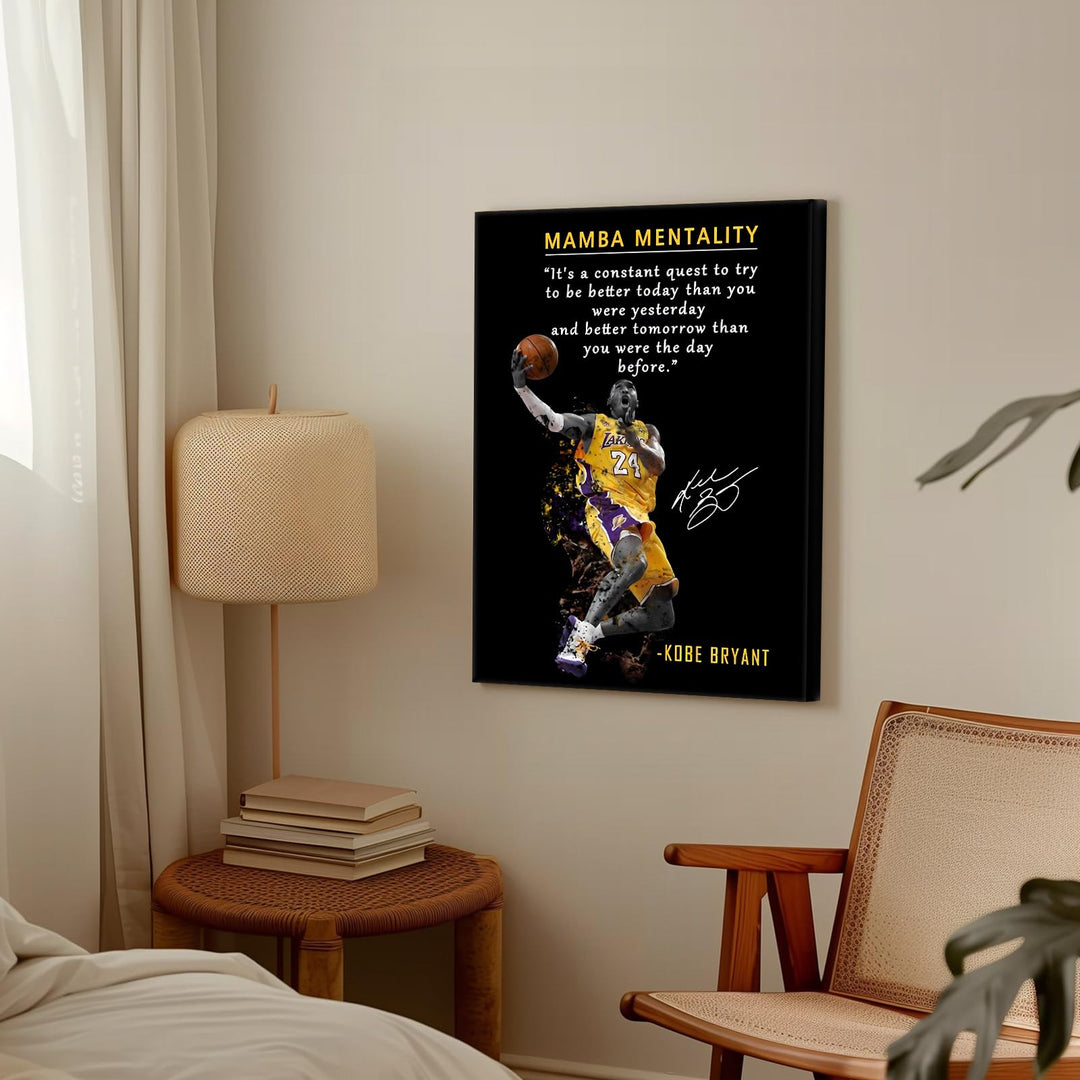 Kobe Bryant Canvas Wall Art Decor - Mamba Mentality Inspirational Quote, Lakers No. 24 Dunk Action Artwork, Iconic Basketball Legend Tribute Poster for Office, Gym or Home Wall Decoration