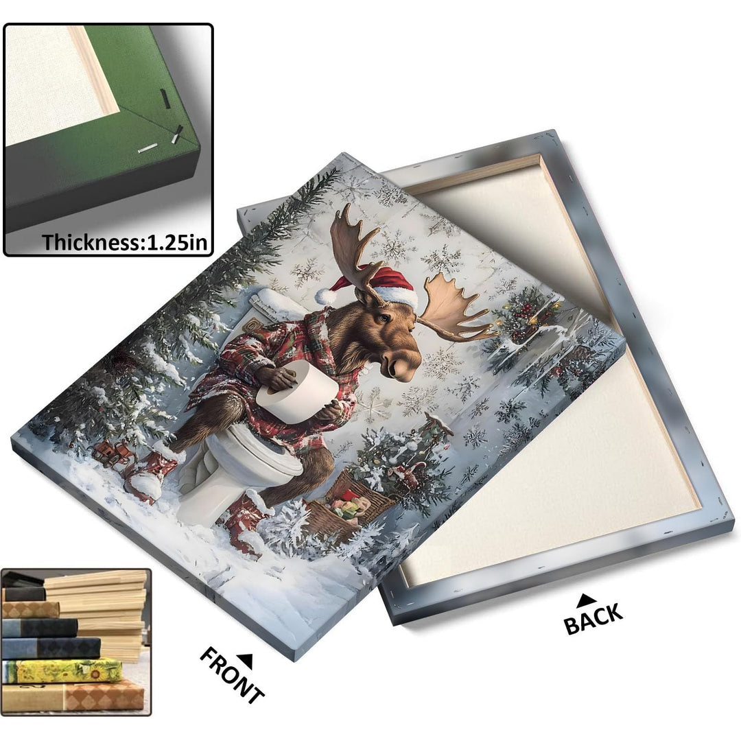 Christmas Moose Print Decor - Funny Holiday Canvas Print with Santa Hat, Winter Scene, Festive Wall Decor for Bathroom or Living Room