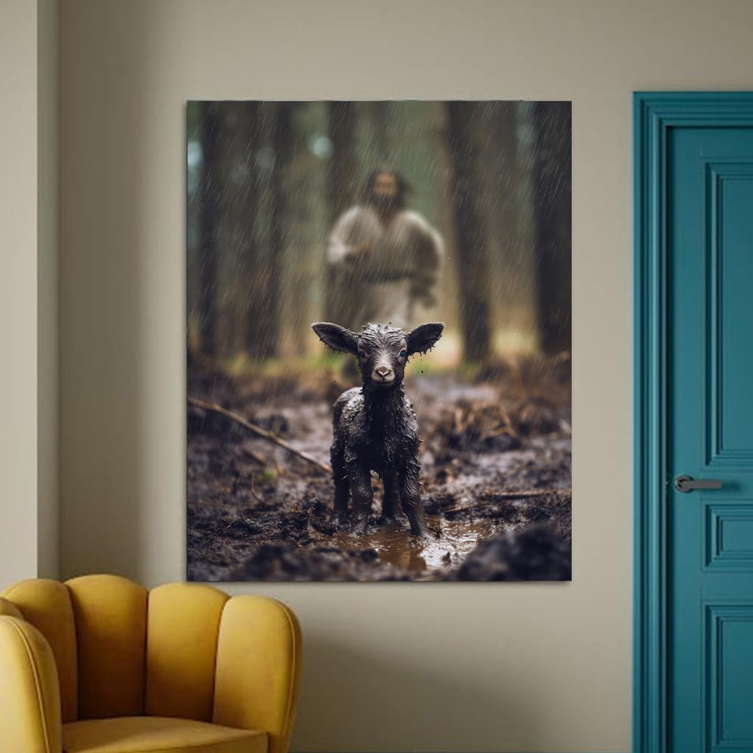 Jesus and Lamb Canvas Wall Art Black Sheep Lost Picture Wall Art Canvas Print Christian Home Decor