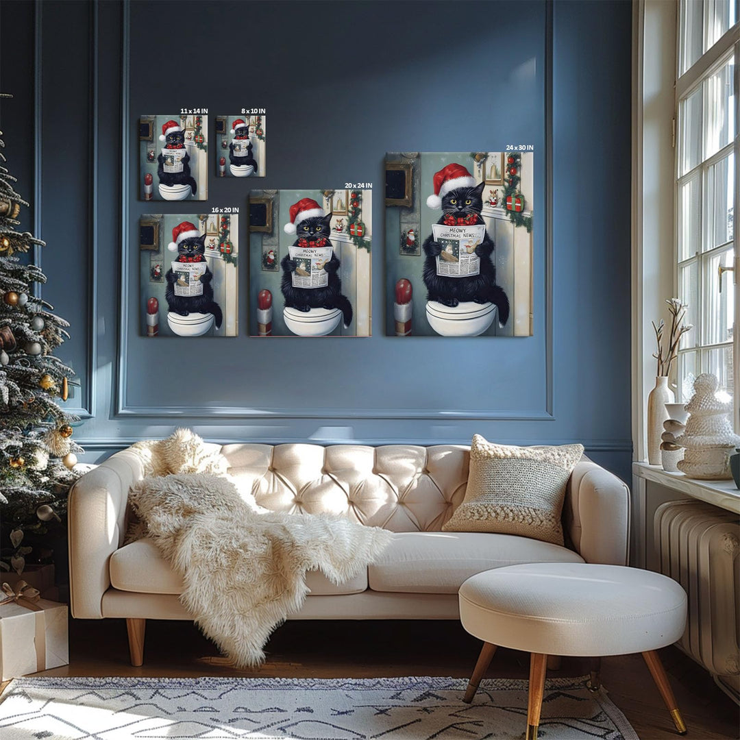 Christmas Bathroom Wall Art - Funny Black Cat Readeing Newspaper Humorous Canvas Print Santa Hat with "Meowy Christmas News," Festive Holiday Wall Decor Artwork for Bathroom or Living Room