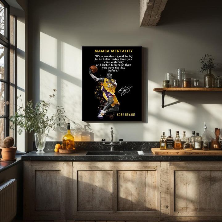 Kobe Bryant Canvas Wall Art Decor - Mamba Mentality Inspirational Quote, Lakers No. 24 Dunk Action Artwork, Iconic Basketball Legend Tribute Poster for Office, Gym or Home Wall Decoration