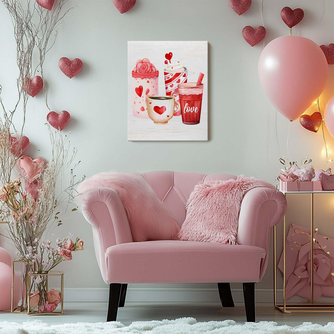Valentine's Day Canvas Wall Art, Romantic Heart Mug and Sweet Drinks Print Poster Framed, Cozy Farmhouse Kitchen Decor, Love-Themed Wall Oil Painting Artwork for Holiday Decor