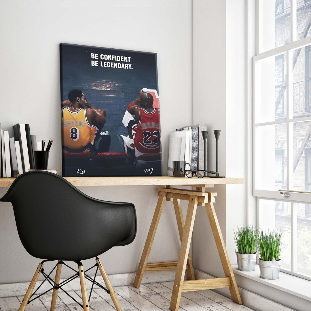 Kobe Bryant and Michael Jordan Canvas Wall Art – “Be Confident Be Legendary” Basketball Legends Duo Poster Print, Inspiring Sports Artwork for Home Office or Game Room Decoration