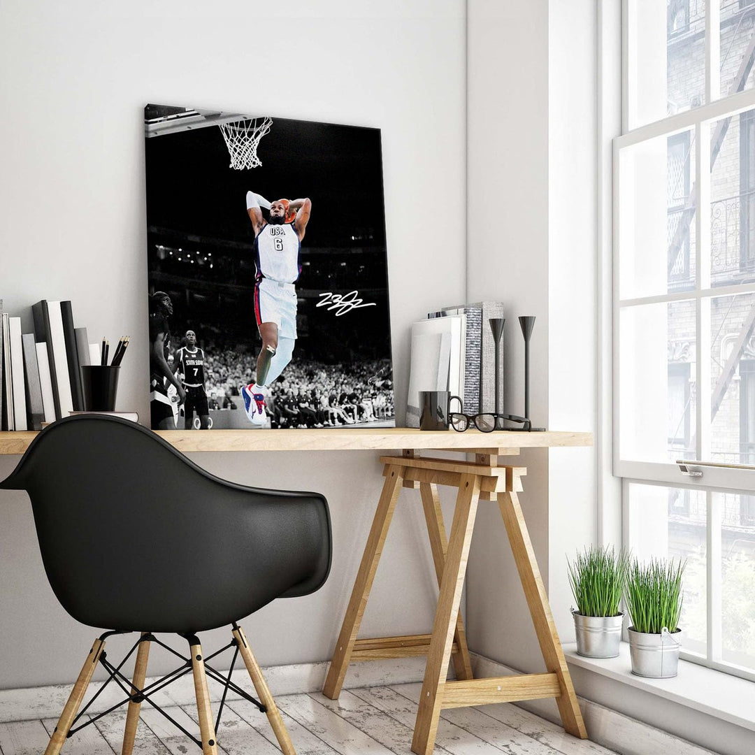 NBA Canvas Wall Art Decor - LeBron James Iconic Dunk for Team USA, Basketball Olympic Moment, Patriotic Sports Poster for Home