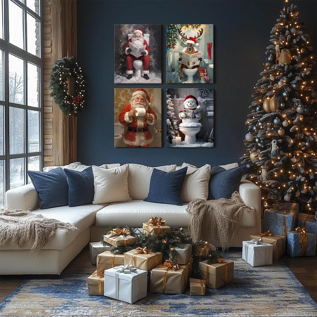 Christmas Bathroom Wall Art - Funny Reindeer Reading Newspaper Canvas Print Poster Framed Art, Festive Holiday Christmas Wall Decor Artwork for Bathroom or Living Room
