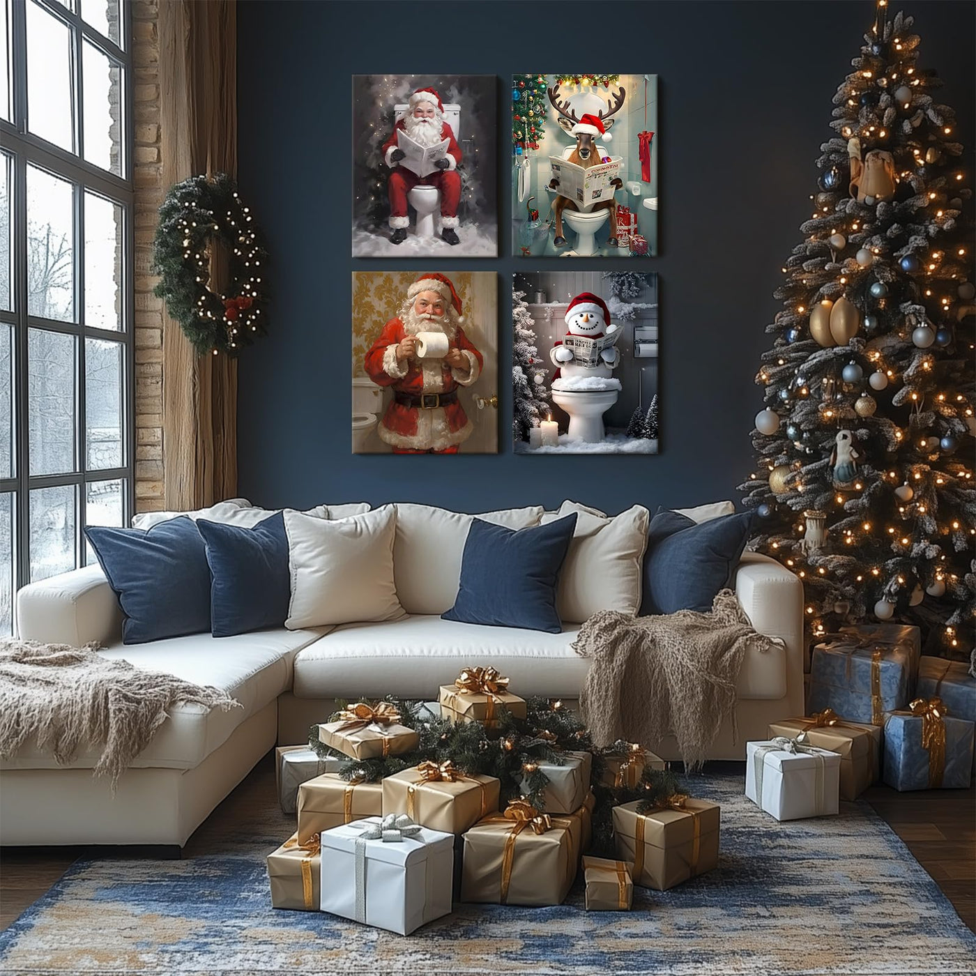 Christmas Bathroom Wall Art - Funny Reindeer Reading Newspaper Canvas Print Poster Framed Art, Festive Holiday Christmas Wall Decor Artwork for Bathroom or Living Room