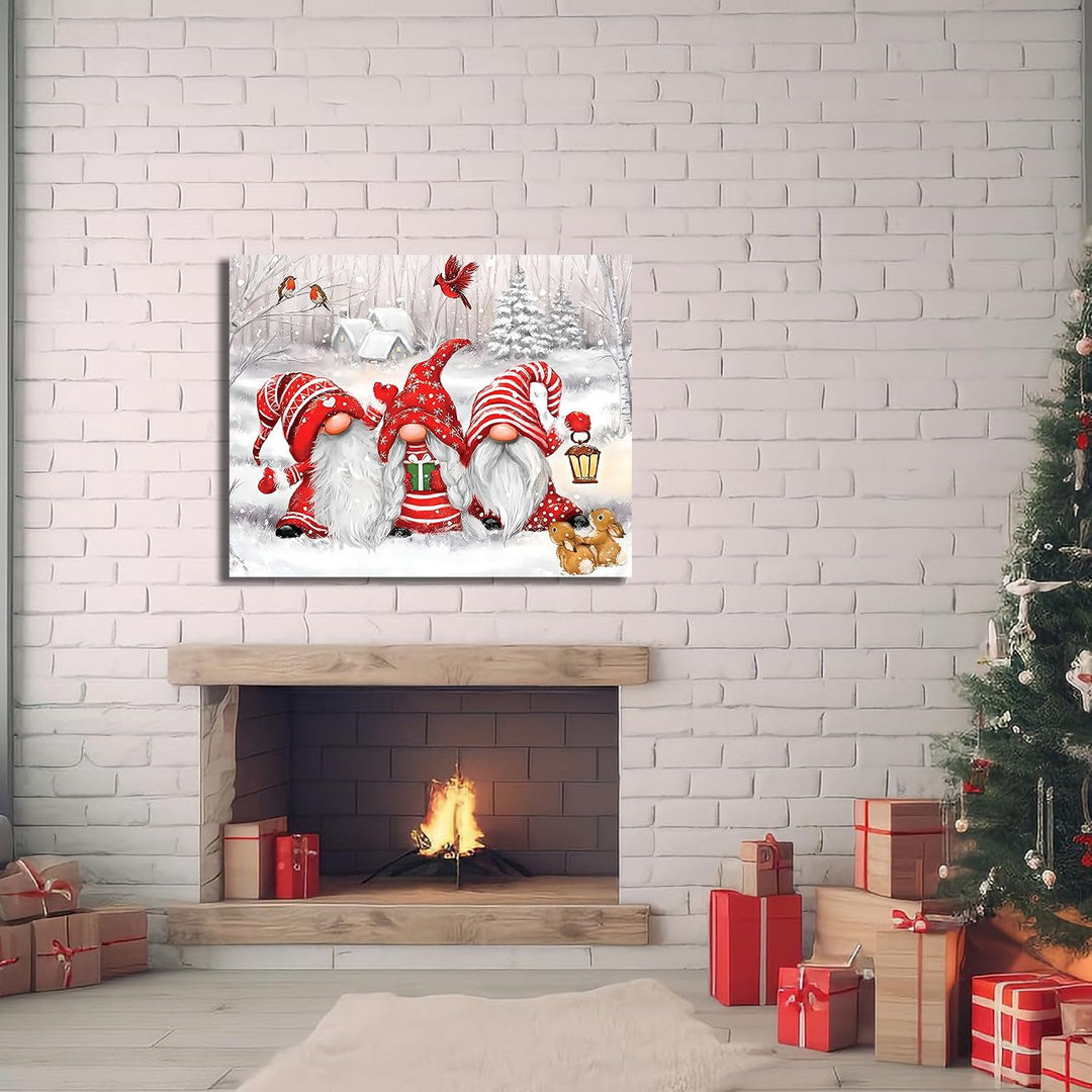 Winter Gnome Fantasy Canvas Wall Art Christmas Snow Scene Decor with Three Gnomes, Two Squirrels, and Three Birds for Living Room