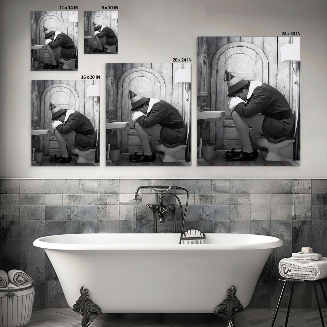 Funny Framed Canvas Wall Art Bathroom Decor Black and White Comedy Elf Movies Poster Bathroom Oil Painting Modern Toilet Artwork for Living Room Dorm Wall Home Decoration