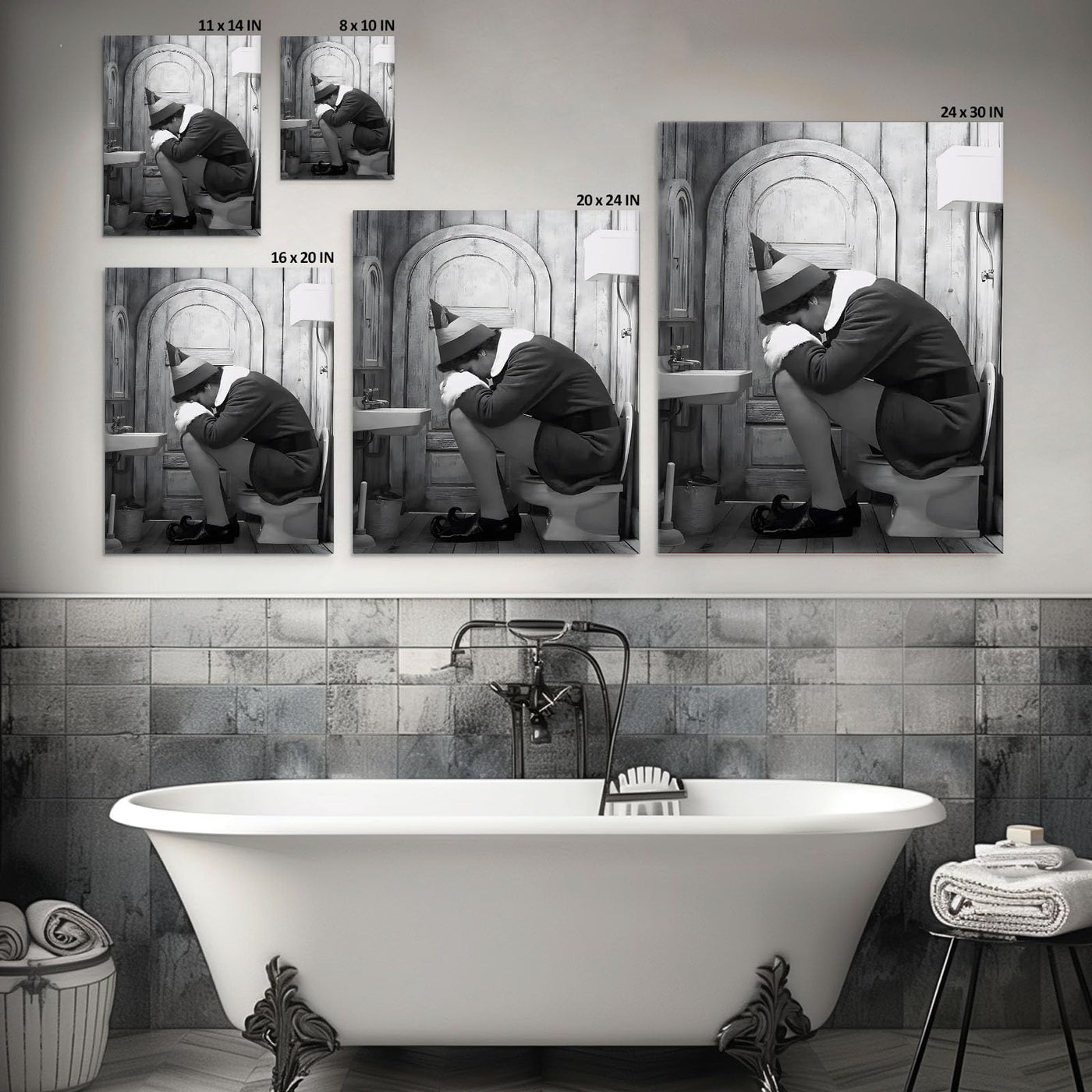 Funny Framed Canvas Wall Art Bathroom Decor Black and White Comedy Elf Movies Poster Bathroom Oil Painting Modern Toilet Artwork for Living Room Dorm Wall Home Decoration