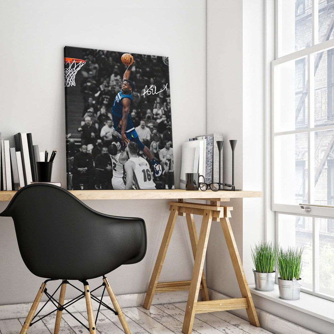 NBA Canvas Wall Art Decor - Anthony Edwards Iconic Dunk, Timberwolves Slam Dunk Action, High-Flying Basketball Moment, Sports Poster for Home