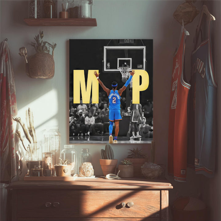 2025 NBA Finals MVP Canvas Wall Art Shai Gilgeous-Alexander Raising Hands Victory Poster Oklahoma City Thunder Back Pose Print Basketball Champion Wall Decor for Bedroom