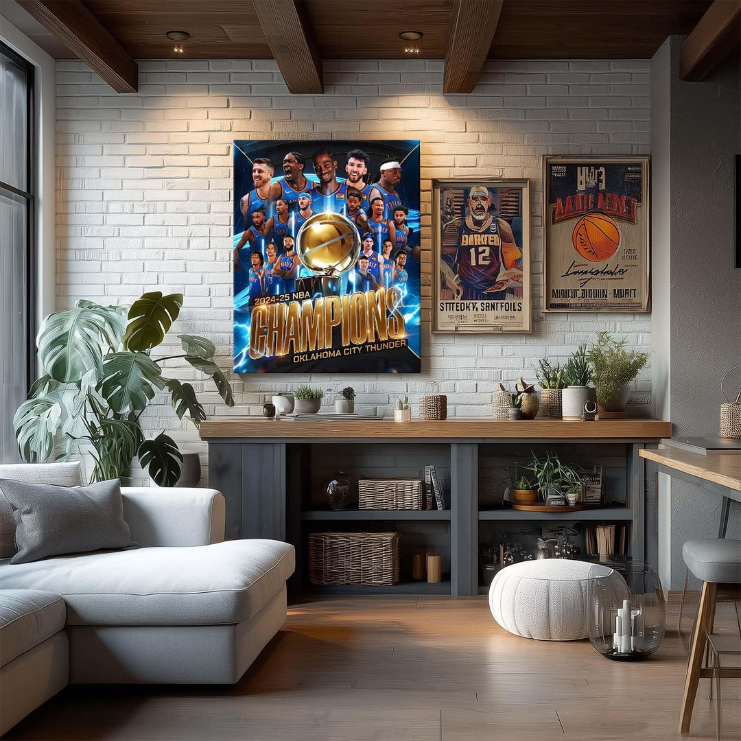 2025 NBA Finals Canvas Wall Art Decor Framed Painting - Oklahoma City Thunder Championship Team Poster Print, Golden Trophy Basketball Oil Painting, Sports Celebration Canvas Decor