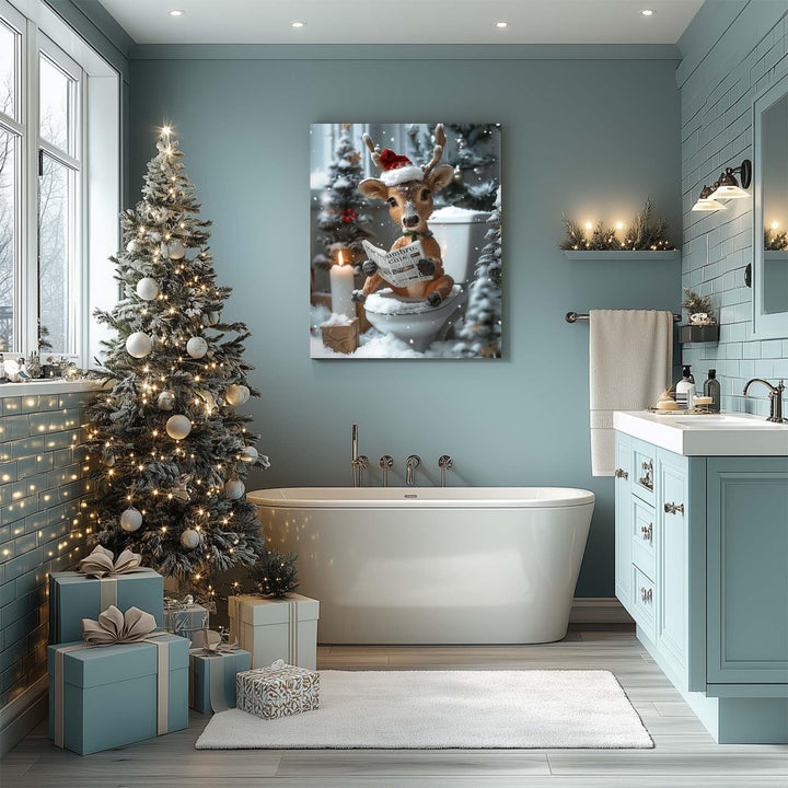 Christmas Bathroom Canvas Wall Art Decor - Reindeer Reading Newspaper on Toilet with Festive Decor, Humorous Holiday Canvas Art for Bathroom, Unique Christmas Gift for Friends and Family