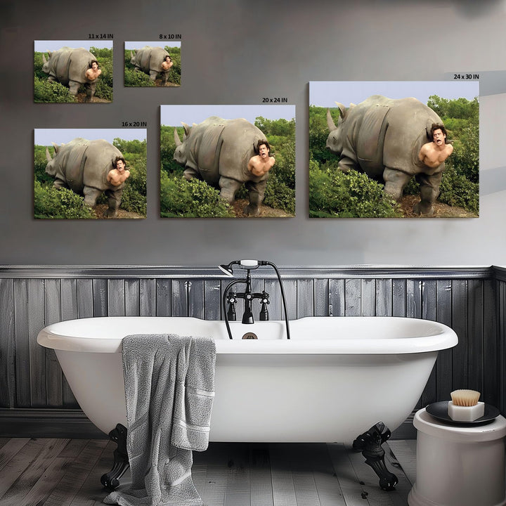 Funny Framed Canvas Wall Art Bathroom Decor Retro Humor Comedy Ace Ventura Movies Poster Rhino Painting Modern Toilet Artwork for Living Room Dorm Wall Home Decoration