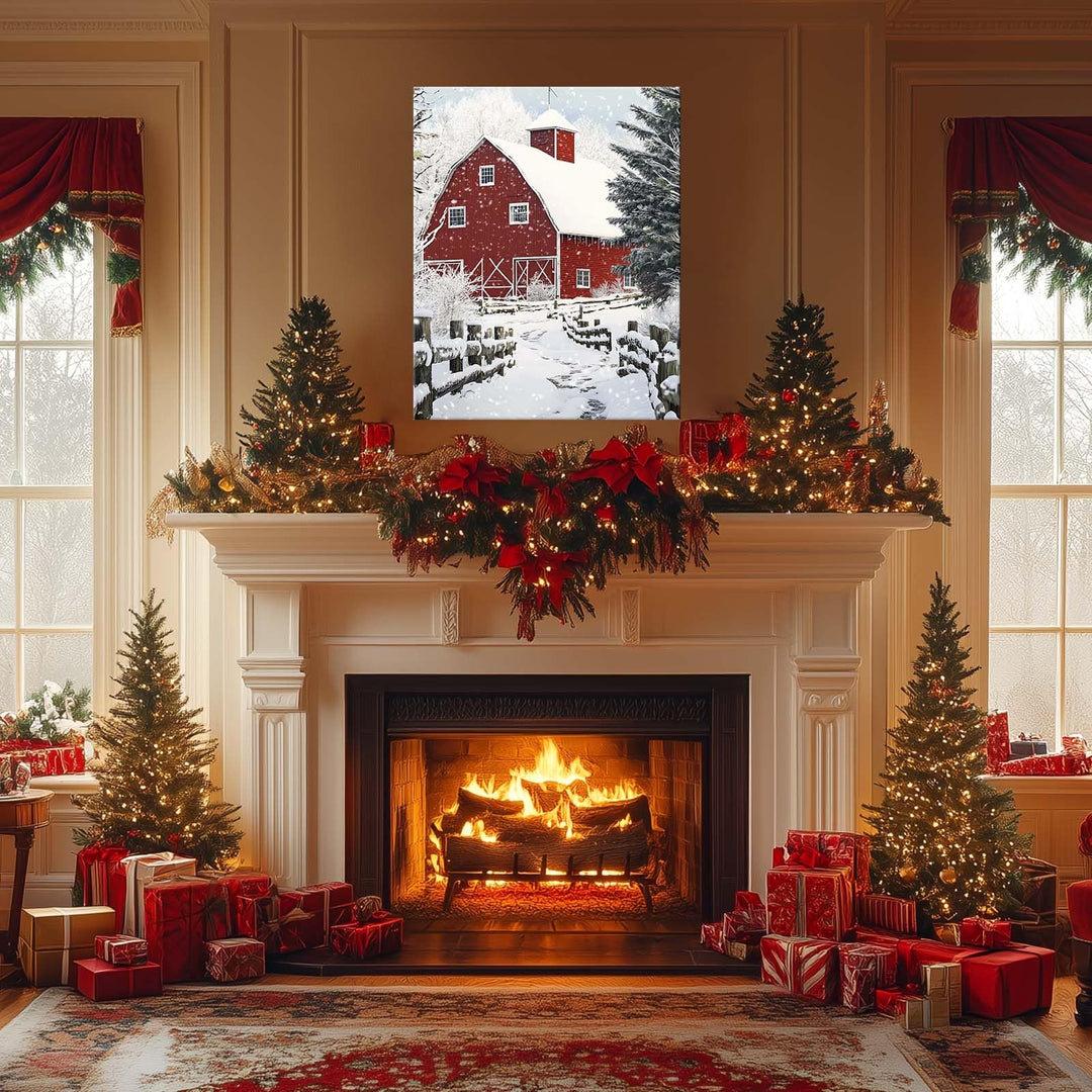 ART Christmas Canvas Wall Decor Festive Print, Red Barn Snow Scene Wall, Winter Farm Holiday Pictures Print Poster Framed Artwork for Living Room and Bedroom Décor