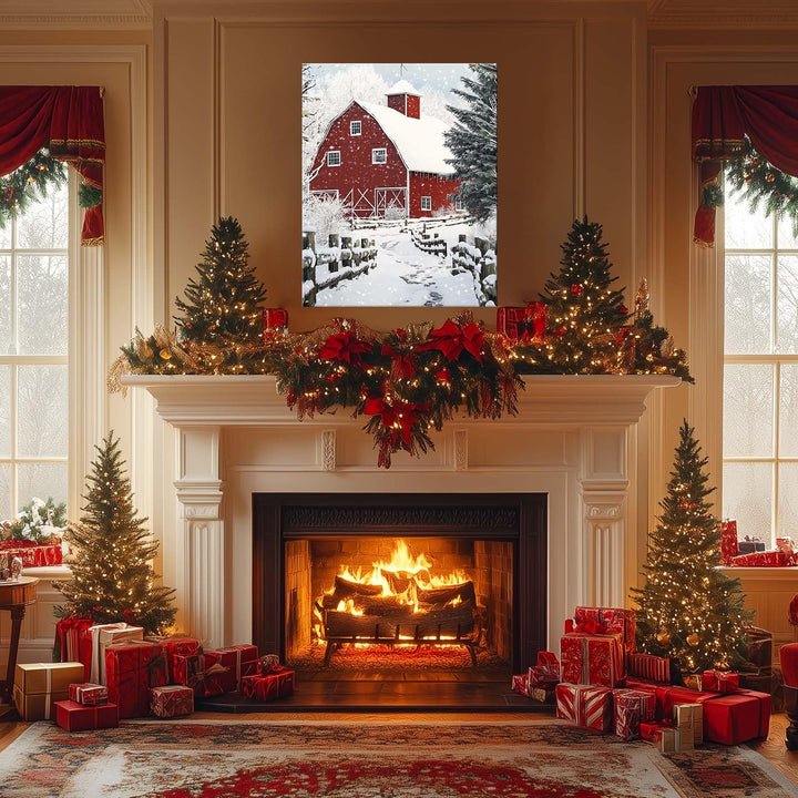 ART Christmas Canvas Wall Decor Festive Print, Red Barn Snow Scene Wall, Winter Farm Holiday Pictures Print Poster Framed Artwork for Living Room and Bedroom Décor
