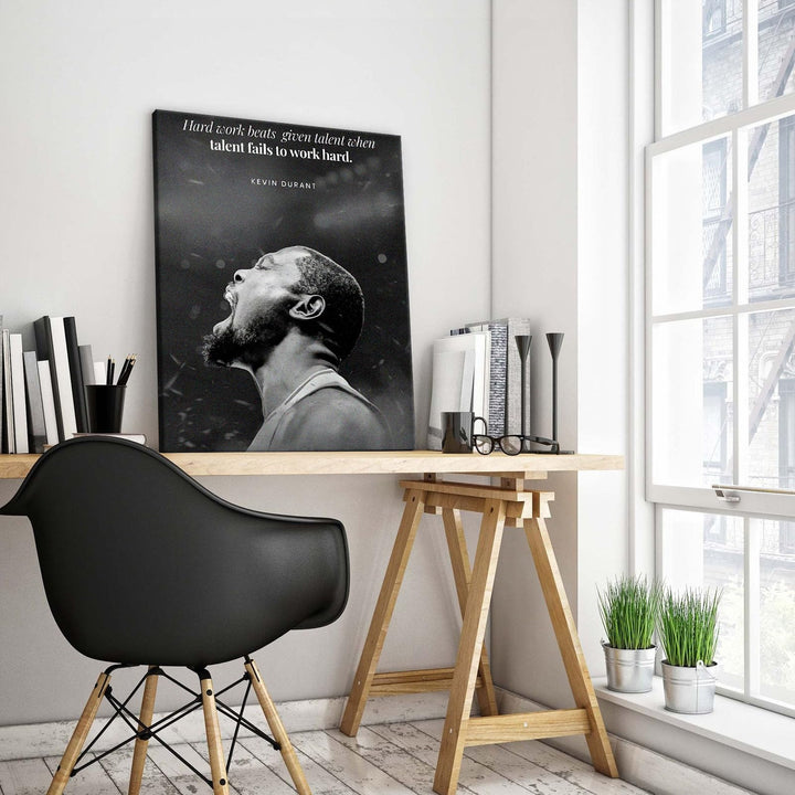 NBA Canvas Wall Art Decor - Kevin Durant Motivational Quote Poster, Hard Work Beats Talent Basketball Artwork, Black and White Inspirational Canvas Decor
