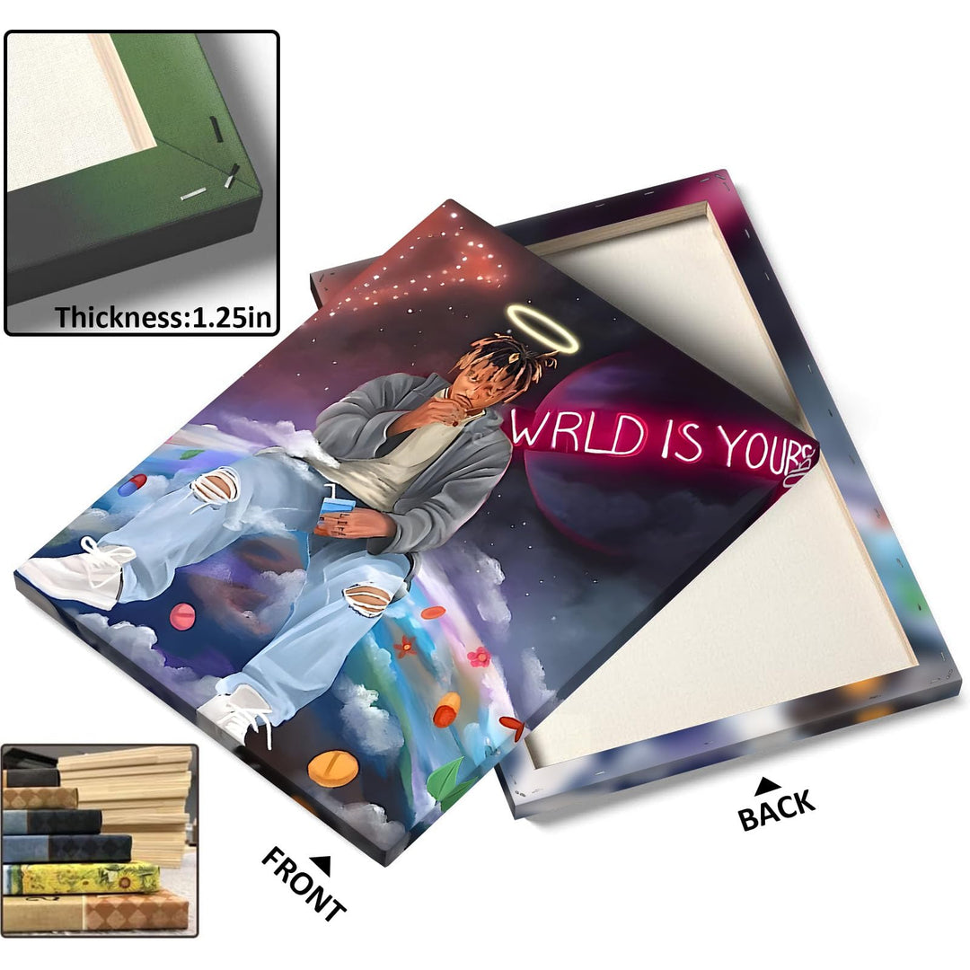 Juice WRLD Canvas Wall Art Pop Rapper Sitting on World Poster Cosmic Picture Artwork, Music and Galaxy Aesthetic Wall Decor for Living Room Bedroom Game Room Bar Studio